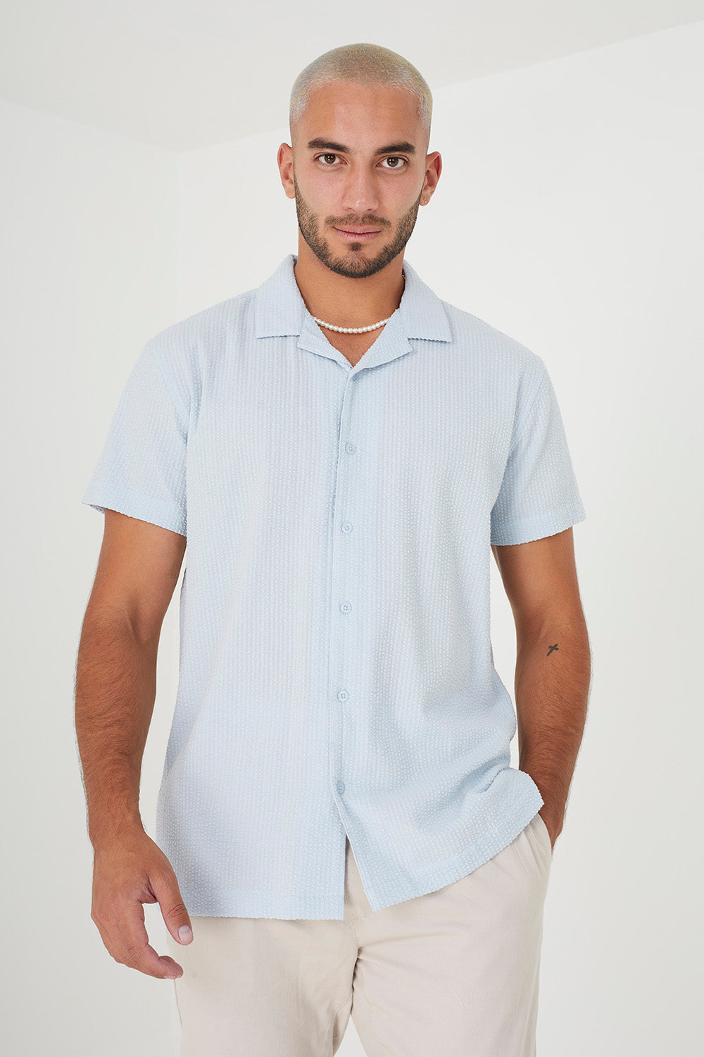 Men's Cotton Short Sleeve Striped Revere Collar Shirt – Pale Blue
