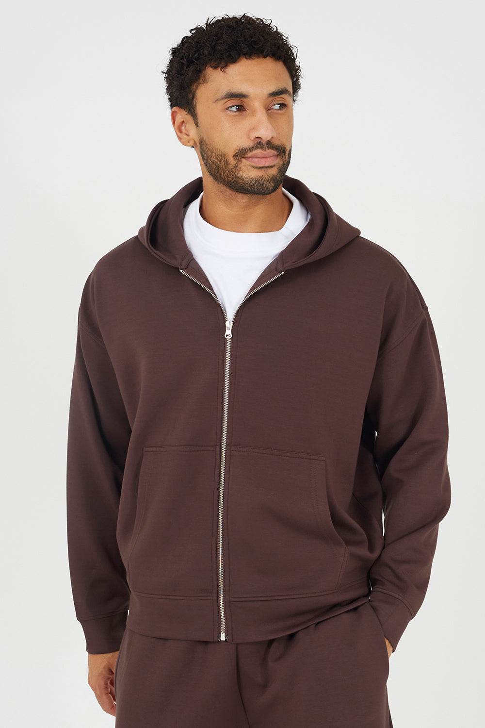 Men's Relaxed-Fit Zip-Through Hoodie – Brown