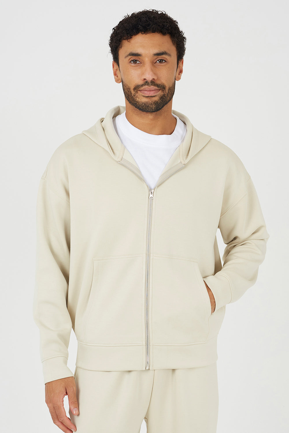 Men's Relaxed-Fit Zip-Through Hoodie – Beige