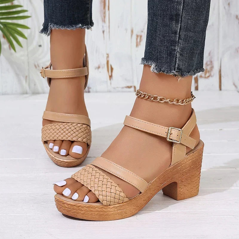 Sandals For Women | Braided Strap Block Heel Style