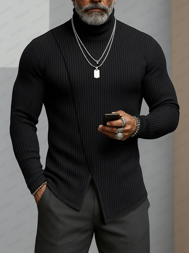 Men's Knit Asymmetric Turtleneck Sweater – Black