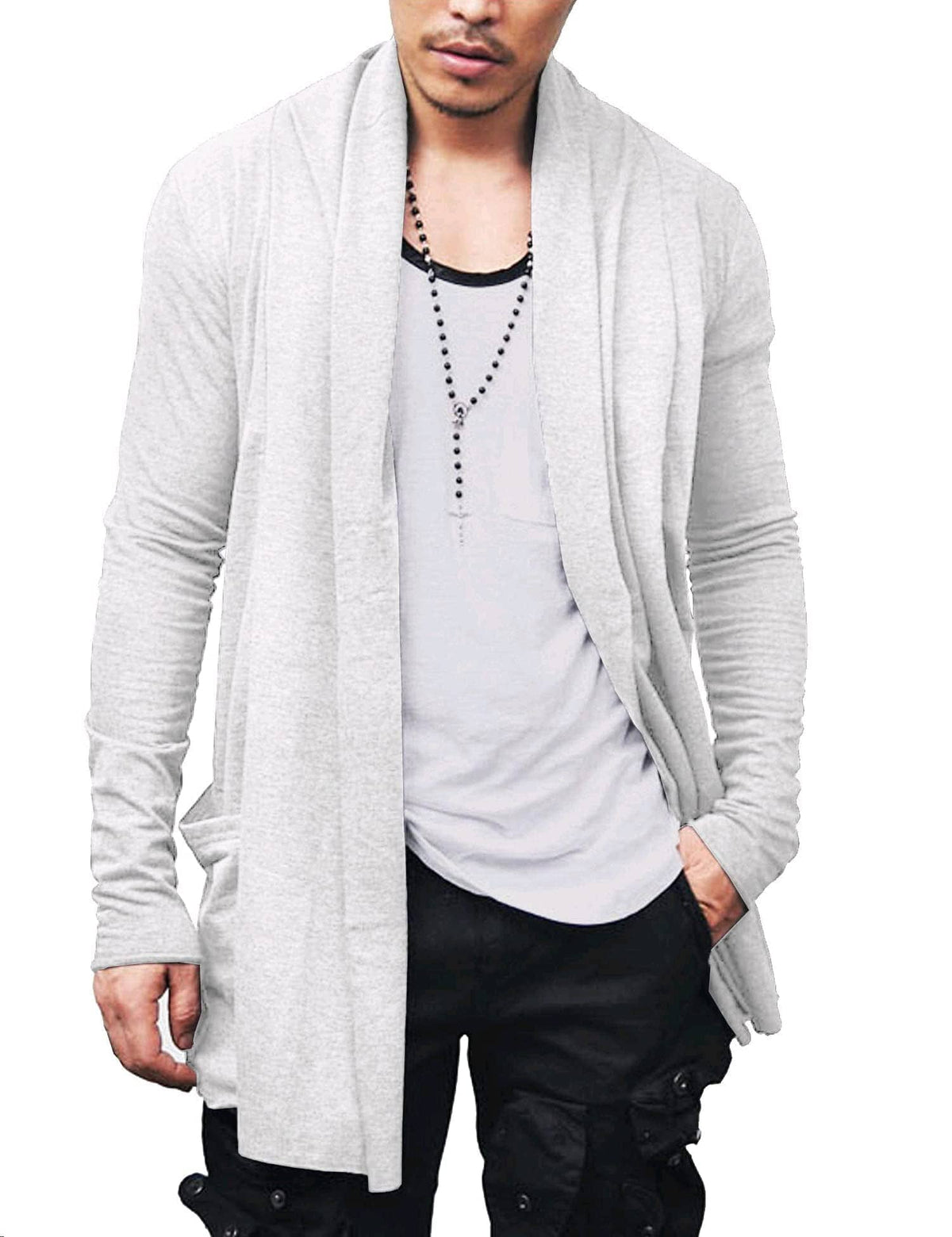 Men's Knit Shawl Collar Ruffled Cardigan – White