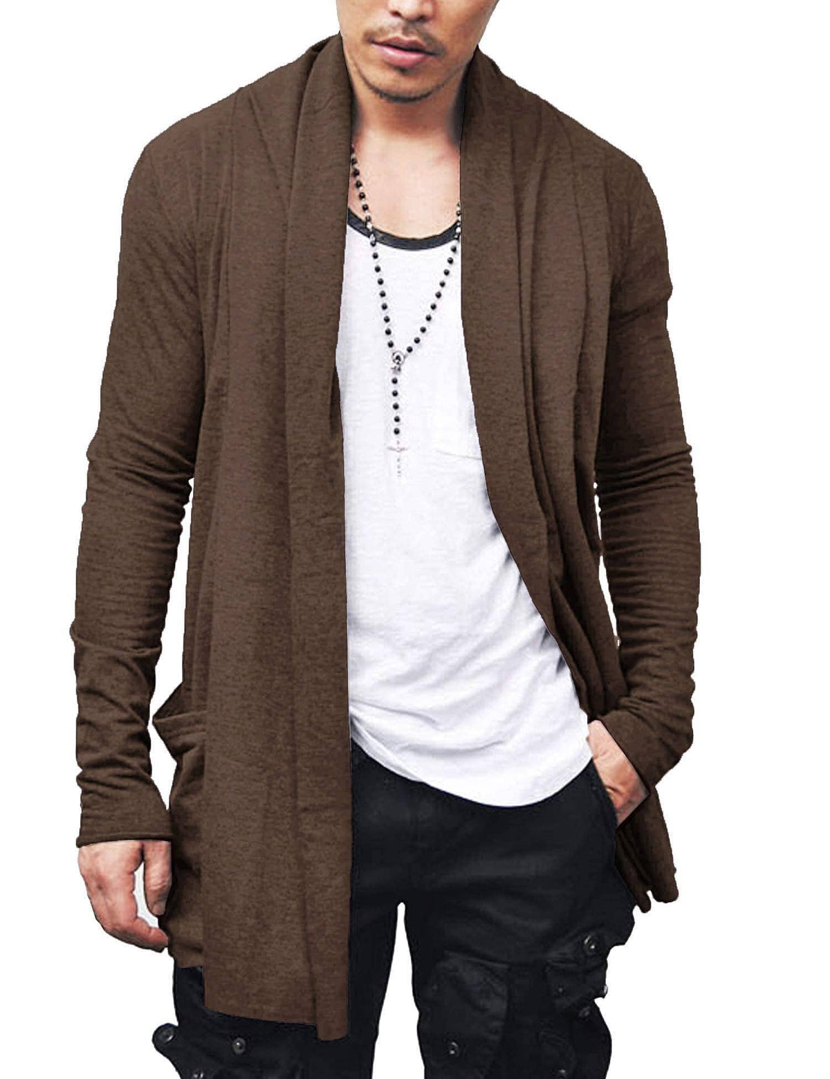 Men's Knit Shawl Collar Ruffled Cardigan – Coffee