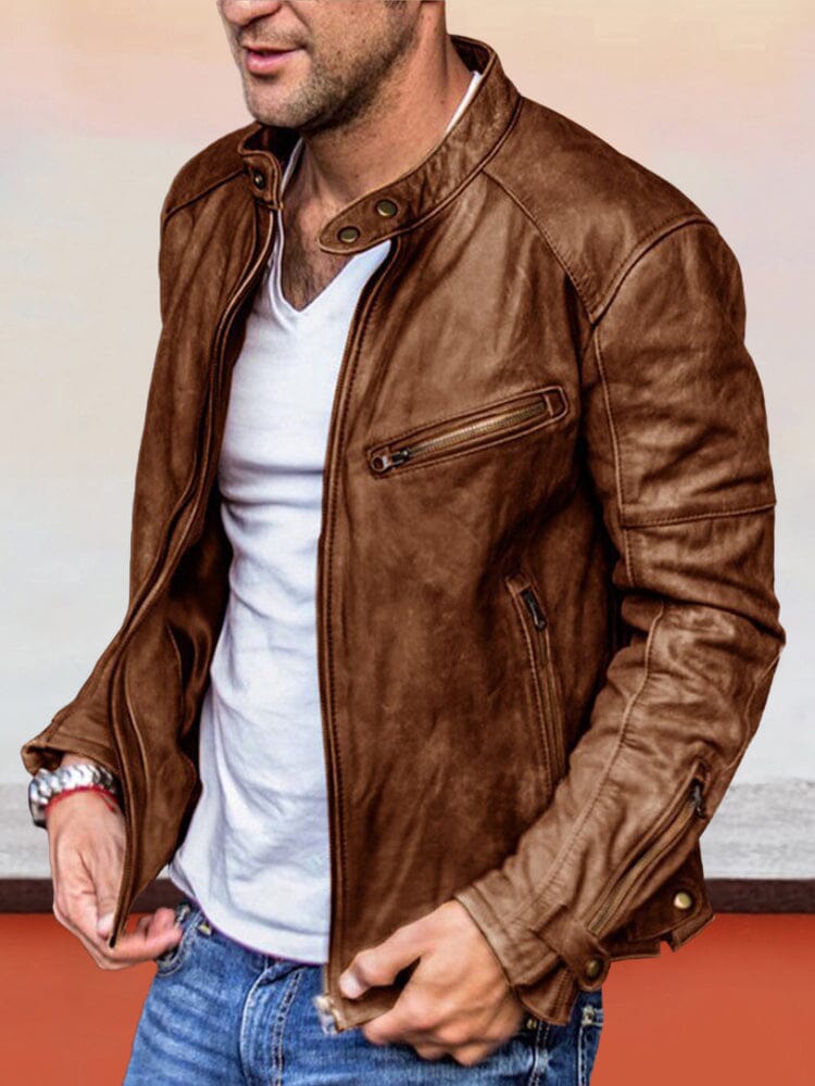 Men's Faux Leather Zip Jacket Warm – Dark Brown