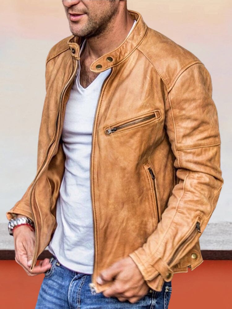 Men's Faux Leather Zip Jacket Warm – Light Brown