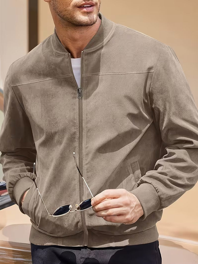 Men's Faux Suede Casual Bomber Jacket – Brown