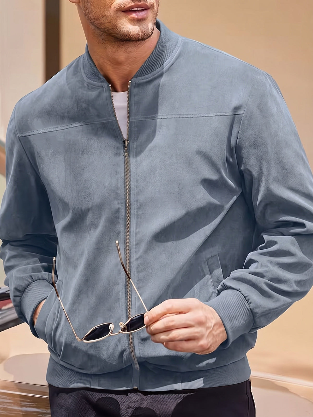 Men's Faux Suede Casual Bomber Jacket – Light Blue