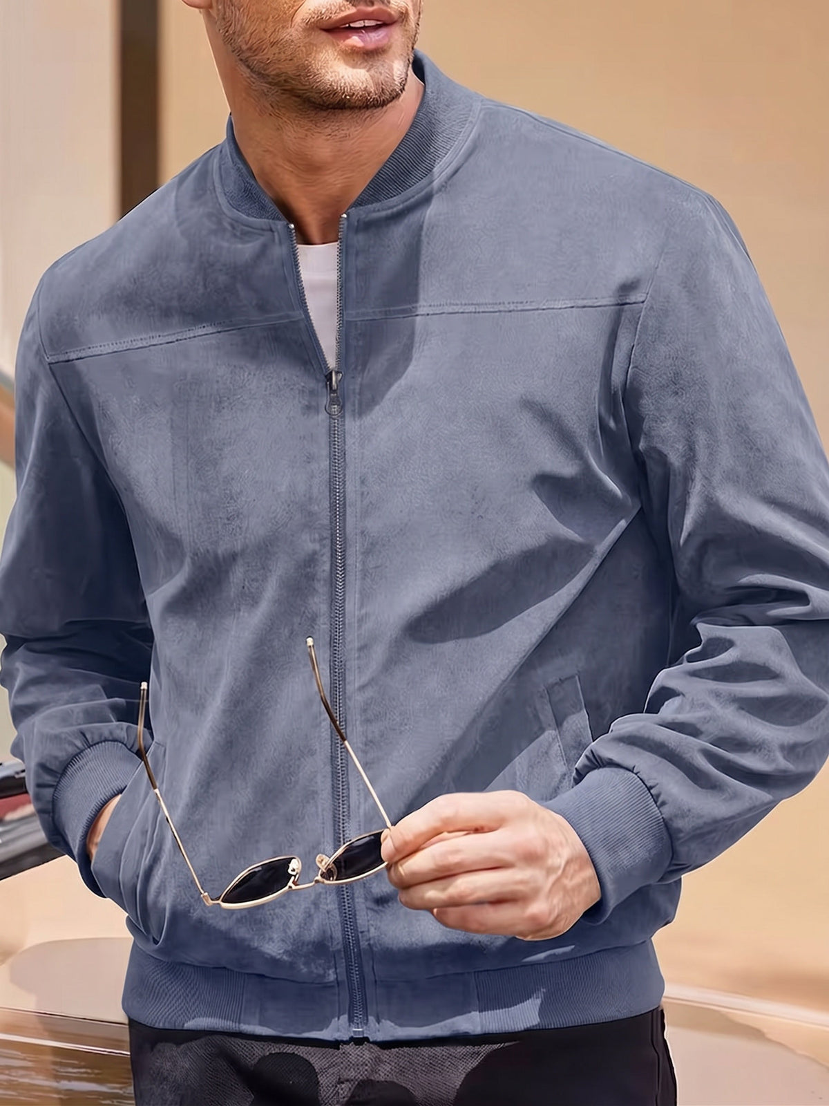 Men's Faux Suede Casual Bomber Jacket – Navy Blue