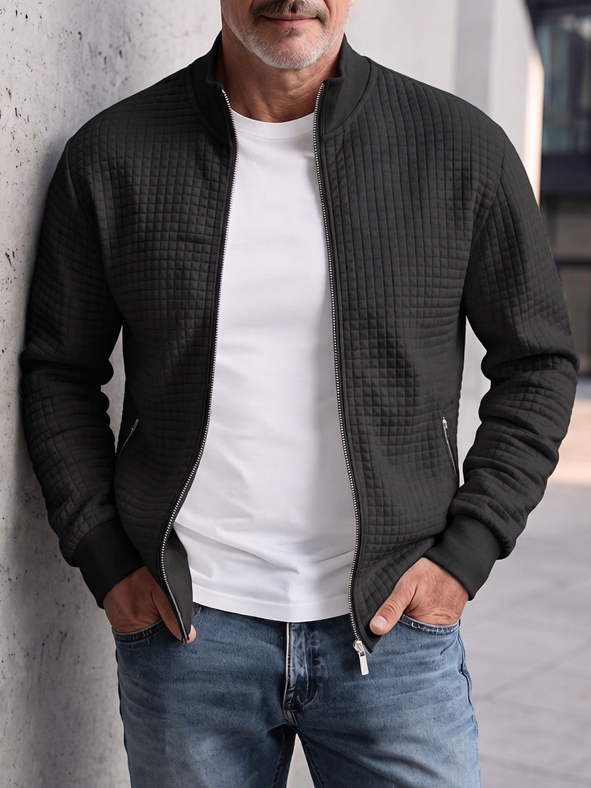 Men's Zip-Up Stand Collar Casual Quilted Jacket – Black