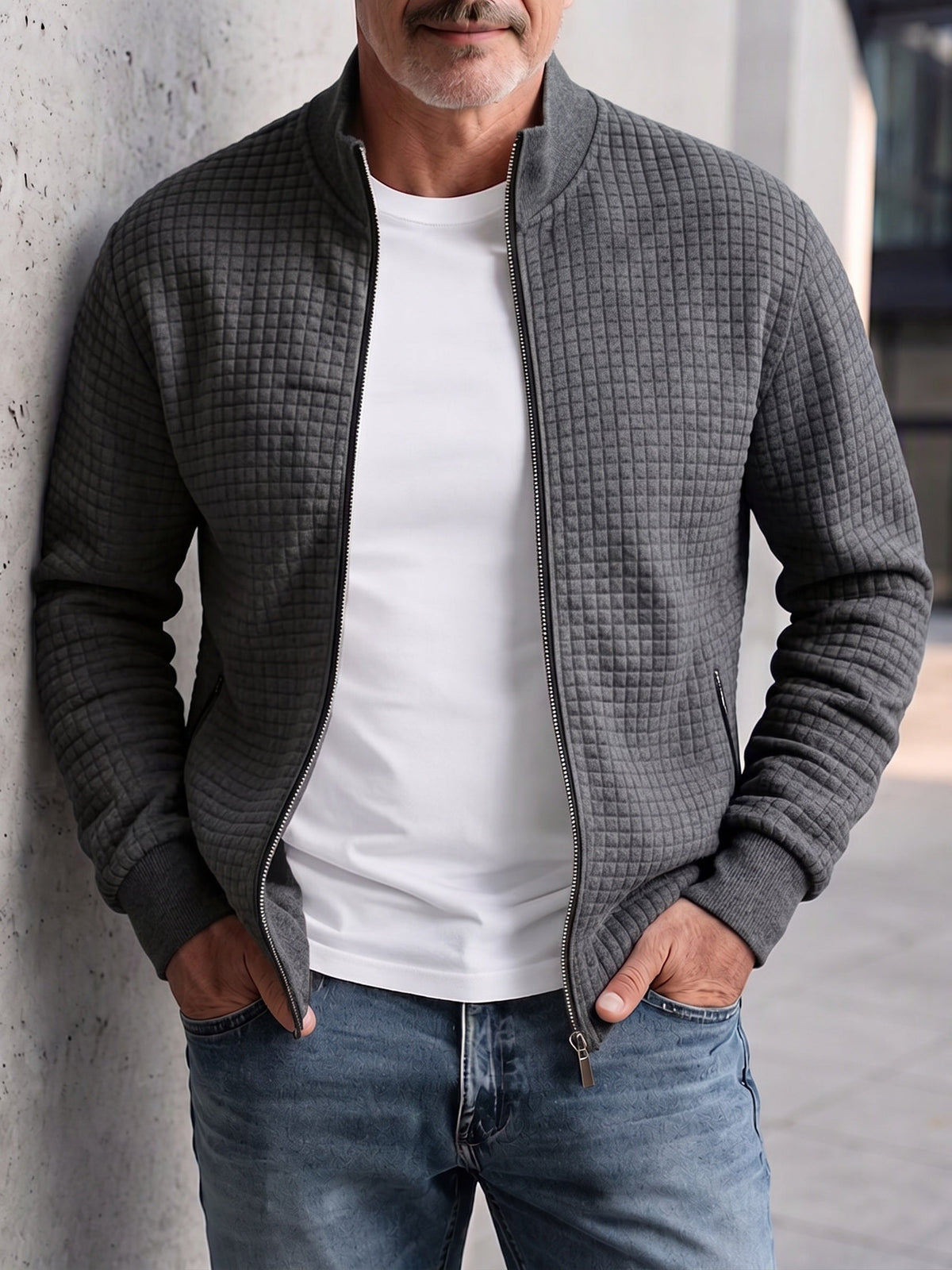 Men's Zip-Up Stand Collar Casual Quilted Jacket – Dark Gray