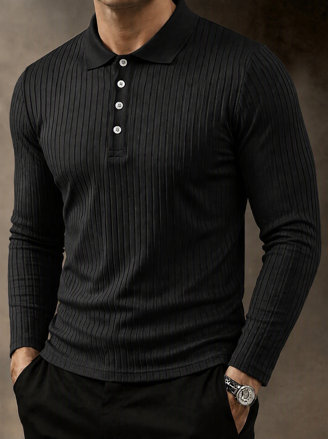 Men's Ribbed Knit Casual Knit Polo Sweater – Black