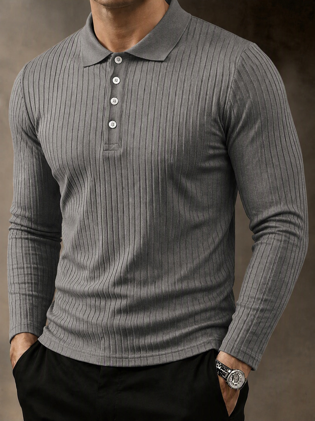 Men's Ribbed Knit Casual Knit Polo Sweater – Gray
