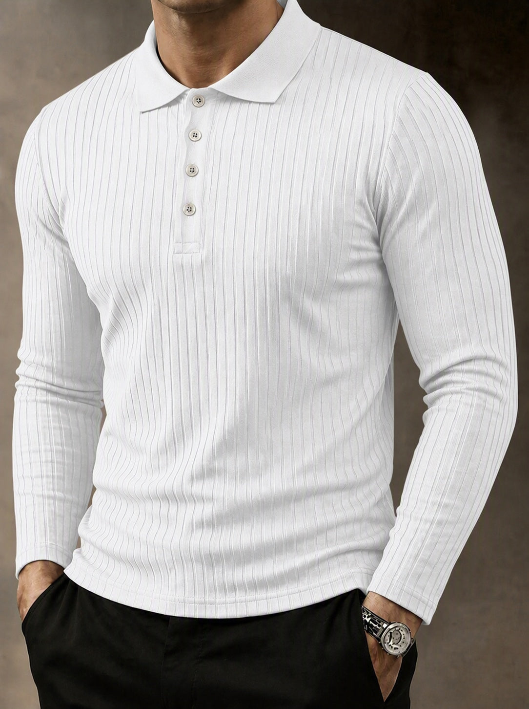 Men's Ribbed Knit Casual Knit Polo Sweater – White