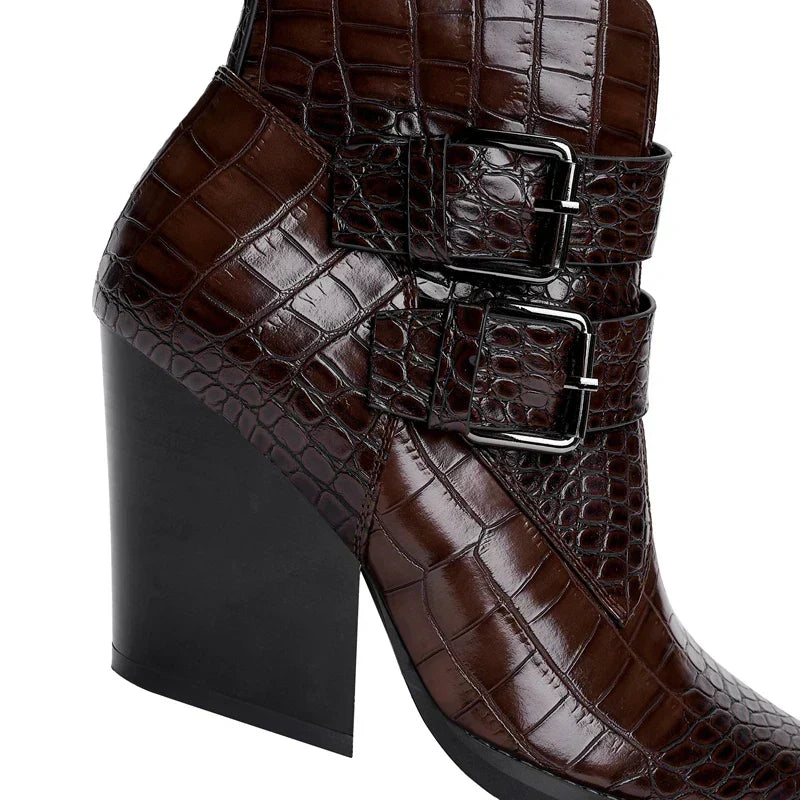 Amina | Boots For Women | Pointed Toe Ankle Block Heel With Buckle