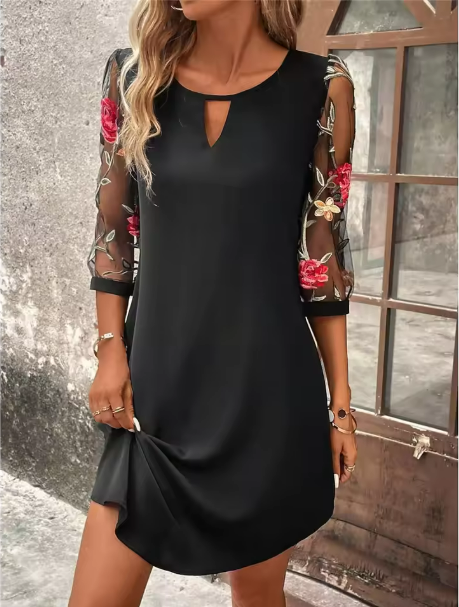 Shona | Women's Dress | Keyhole Mini Embroidered Sleeve