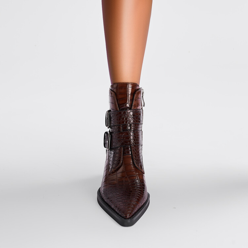 Boots For Women | Pointed Toe Ankle Block Heel With Buckle