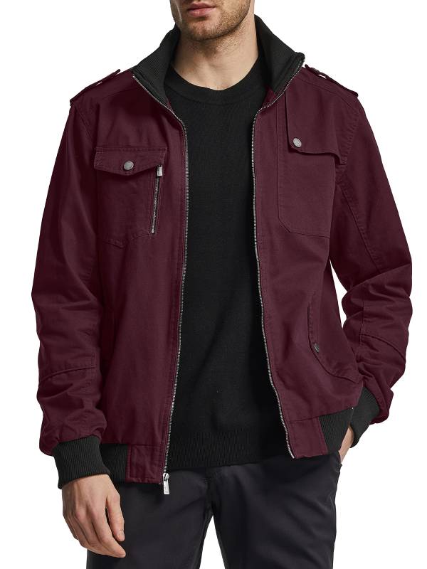 Men's Cotton Stand Collar Casual Jacket – Wine Red