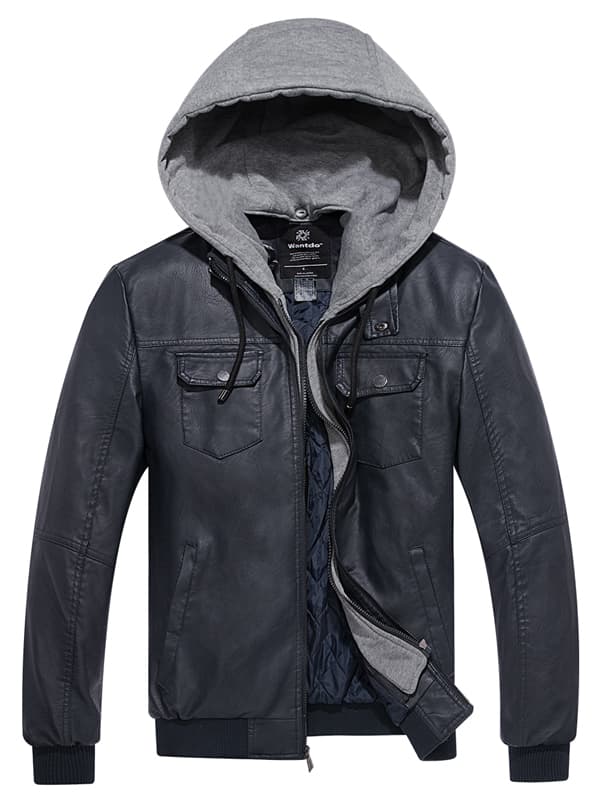 Men's Faux Leather Hooded Moto Jacket – Blue