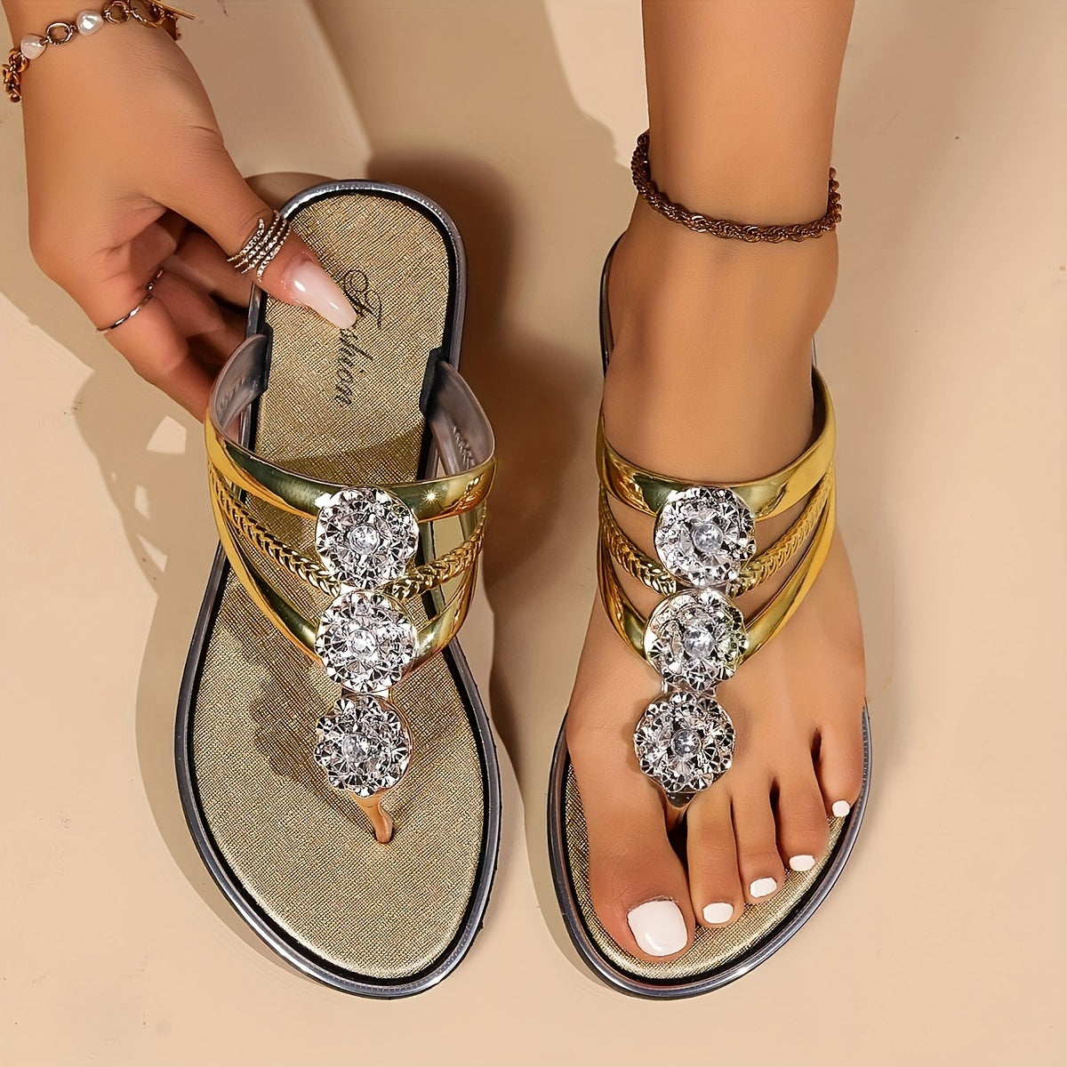 Sandals For Women | Rhinestone T-Strap Flat Sandals