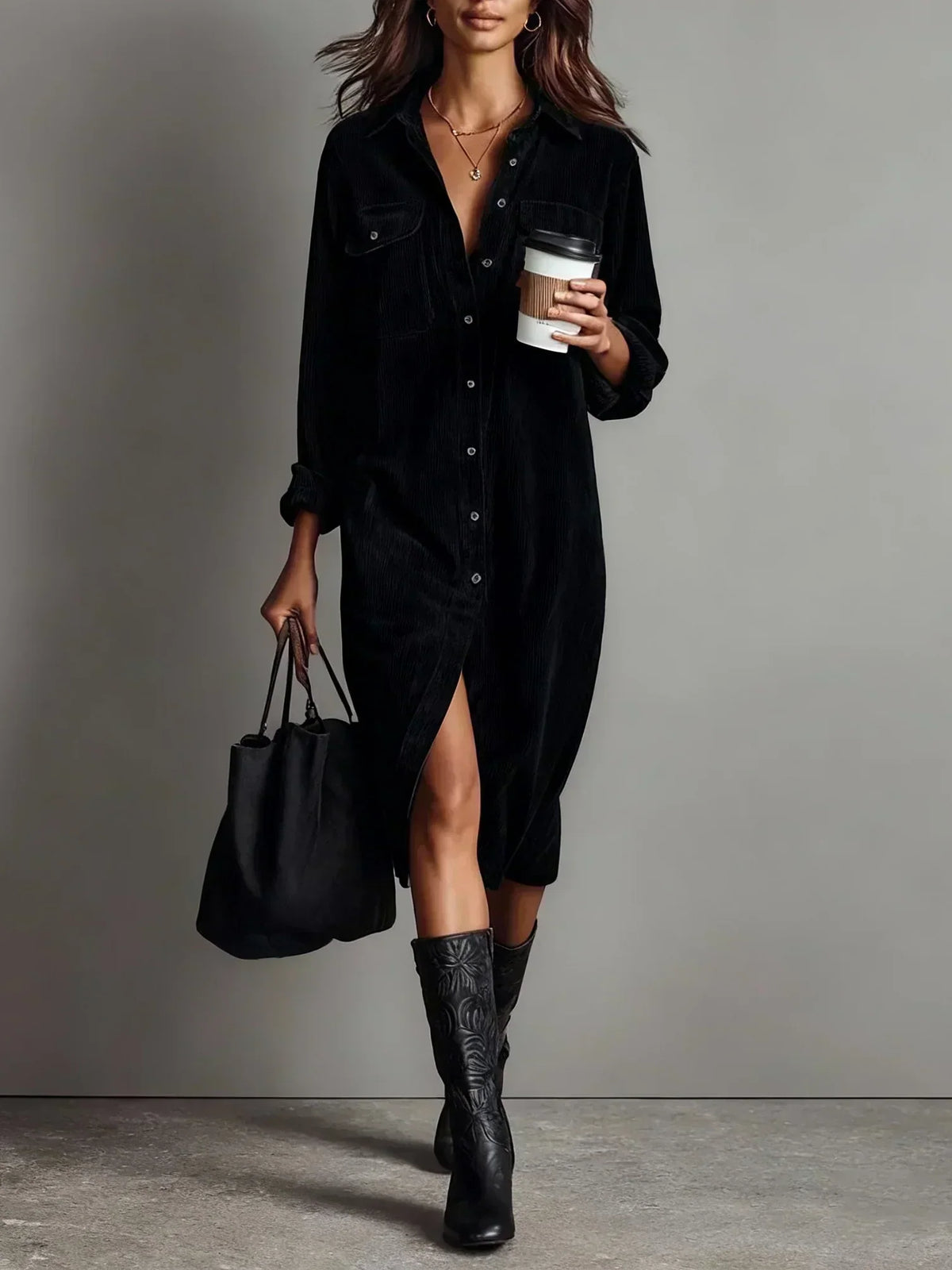 Bess | Women's Dress | Sleeve Midi Button Down Collar