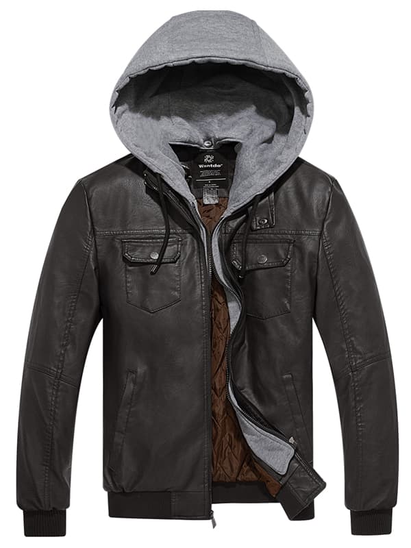 Men's Faux Leather Hooded Moto Jacket – Coffee