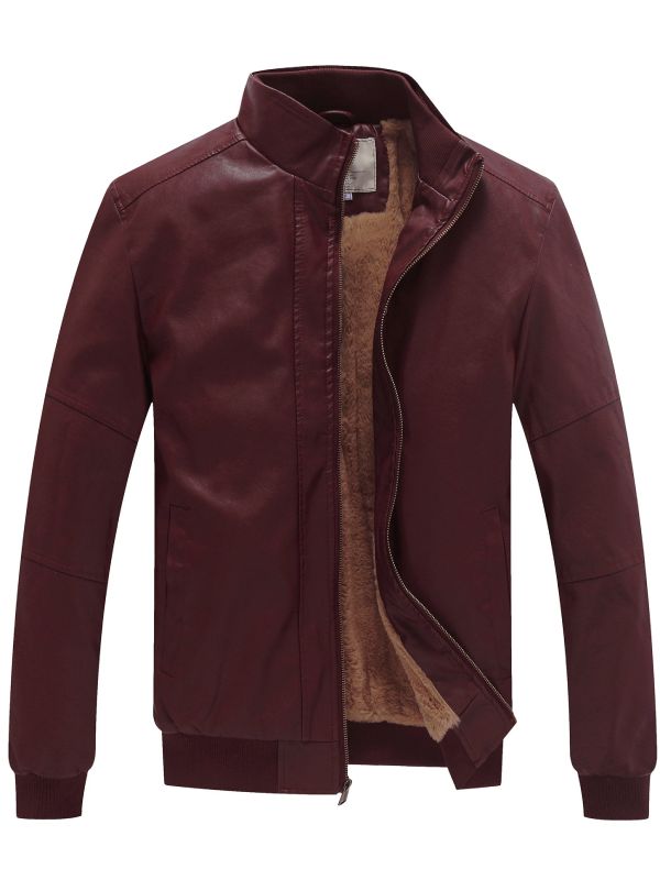 Men's Faux Leather Stand Collar Lined Warm Fleece Jacket – Red Wine