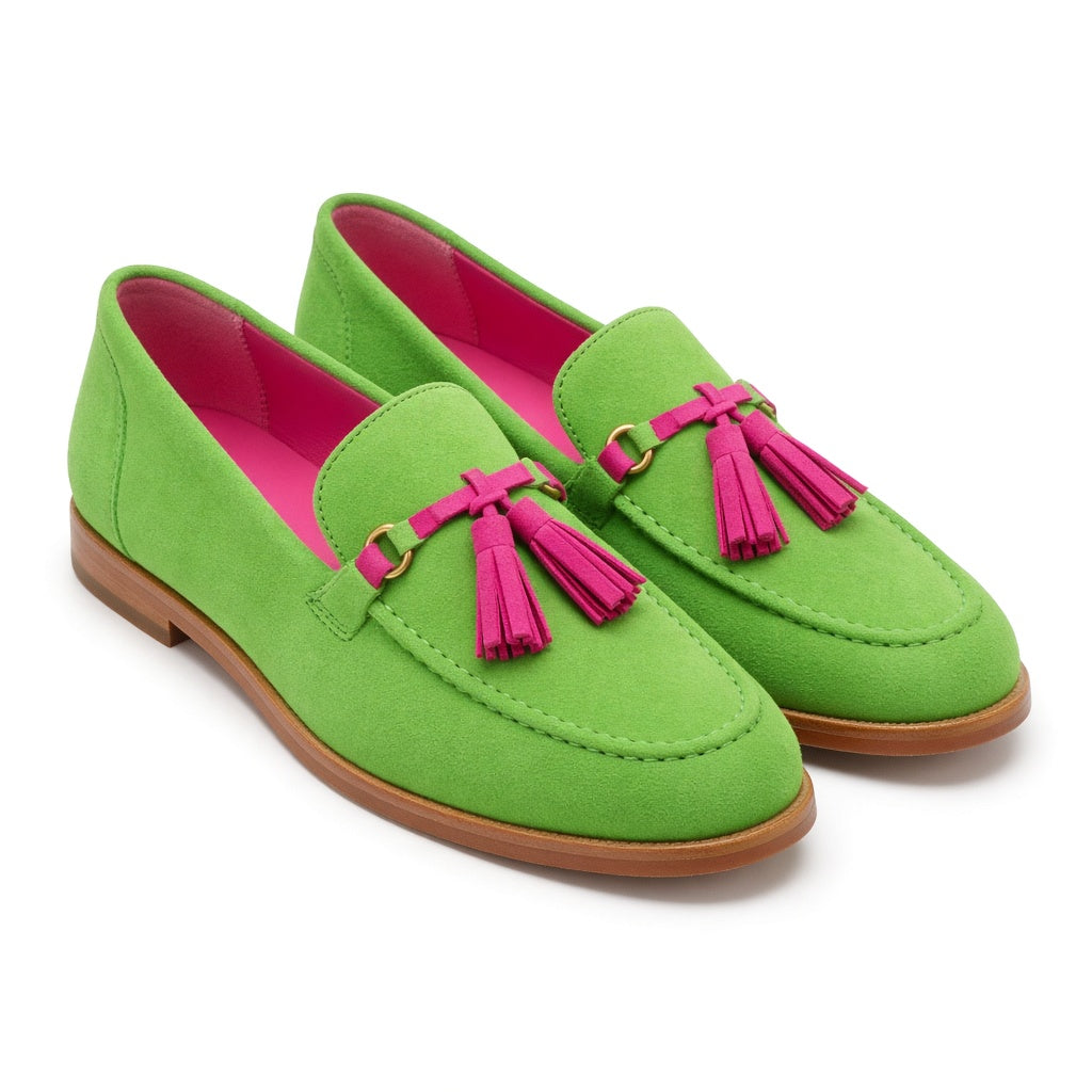 Green loafers with pink tassel