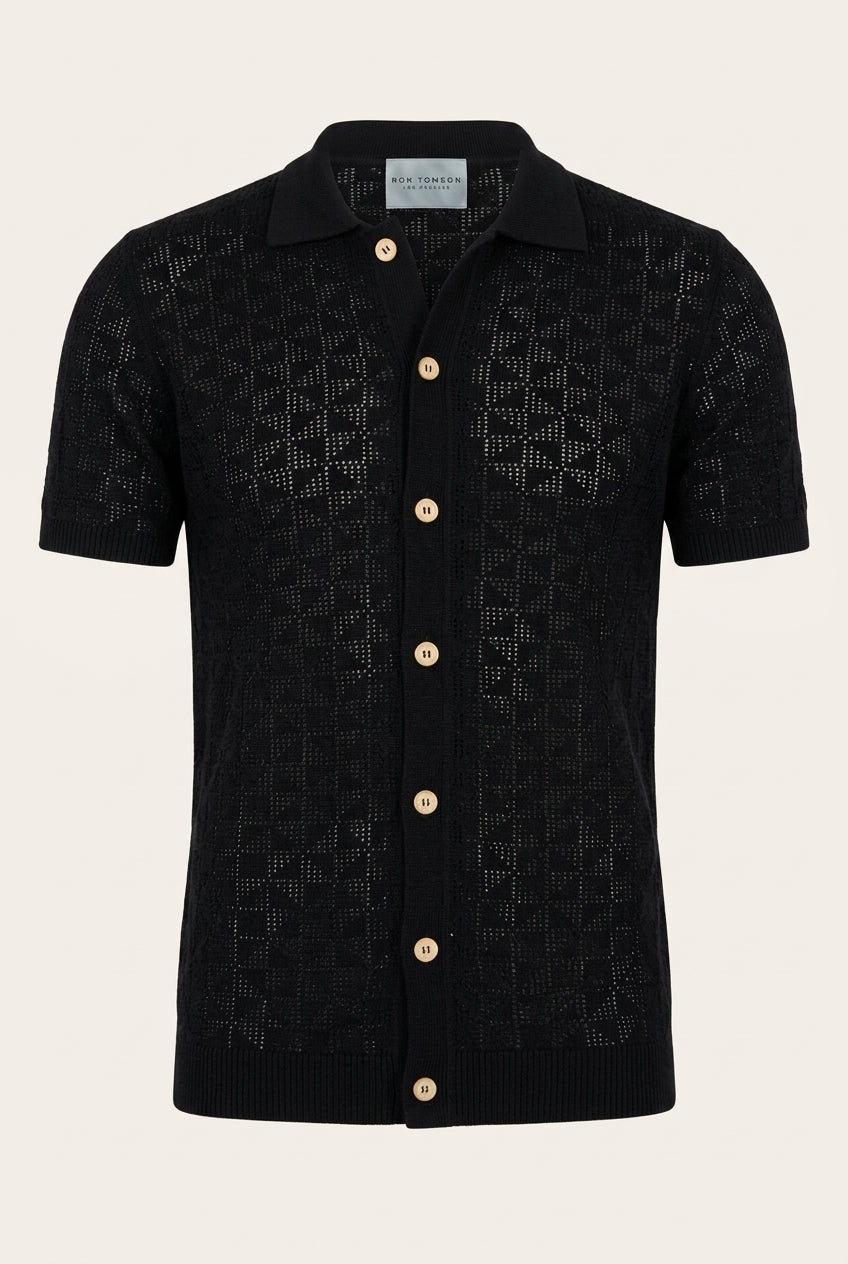 Men's Geometric Crochet Knit Polo Sweater – Black