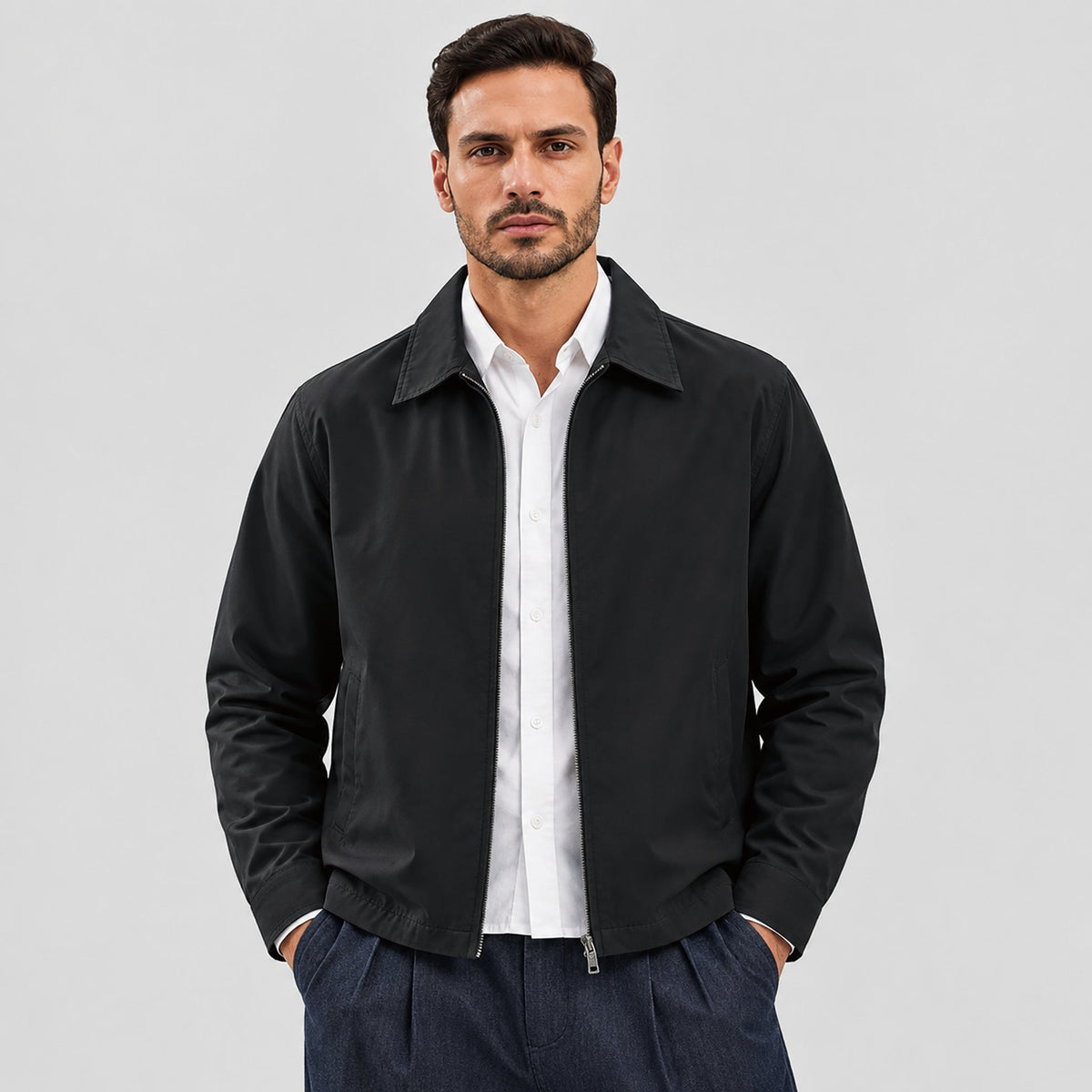 Men's Cotton Blend Full-Zip Pocketed Lightweight Jacket – Black