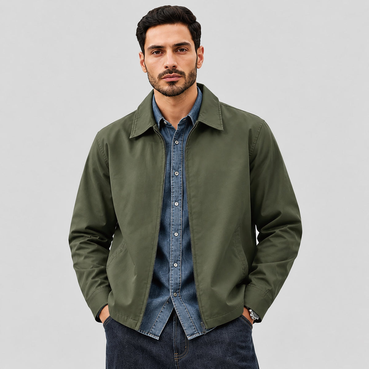 Men's Cotton Blend Full-Zip Pocketed Lightweight Jacket – Army Green