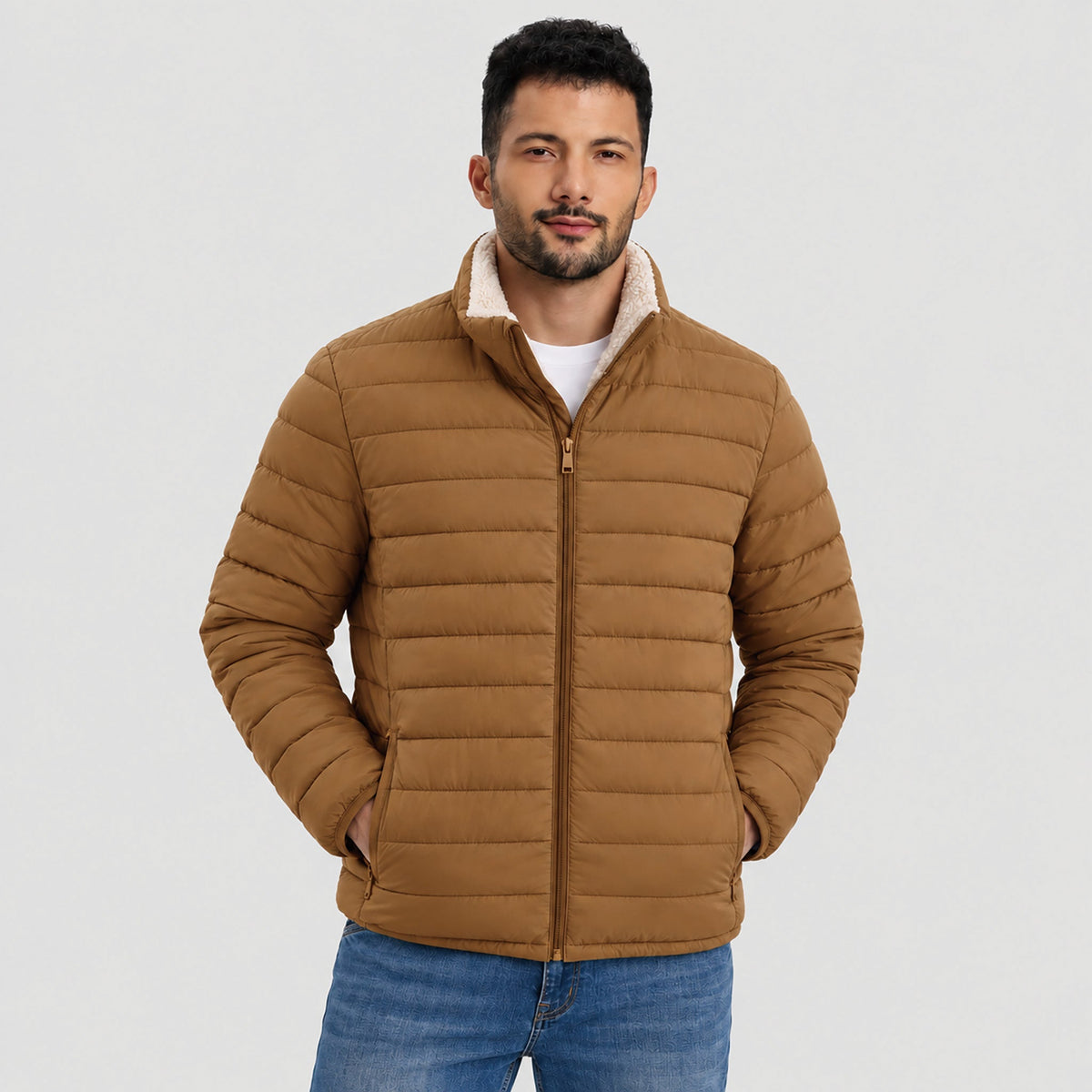 Men's Sherpa Lined Lightweight Warm Quilted Jacket – Light Brown