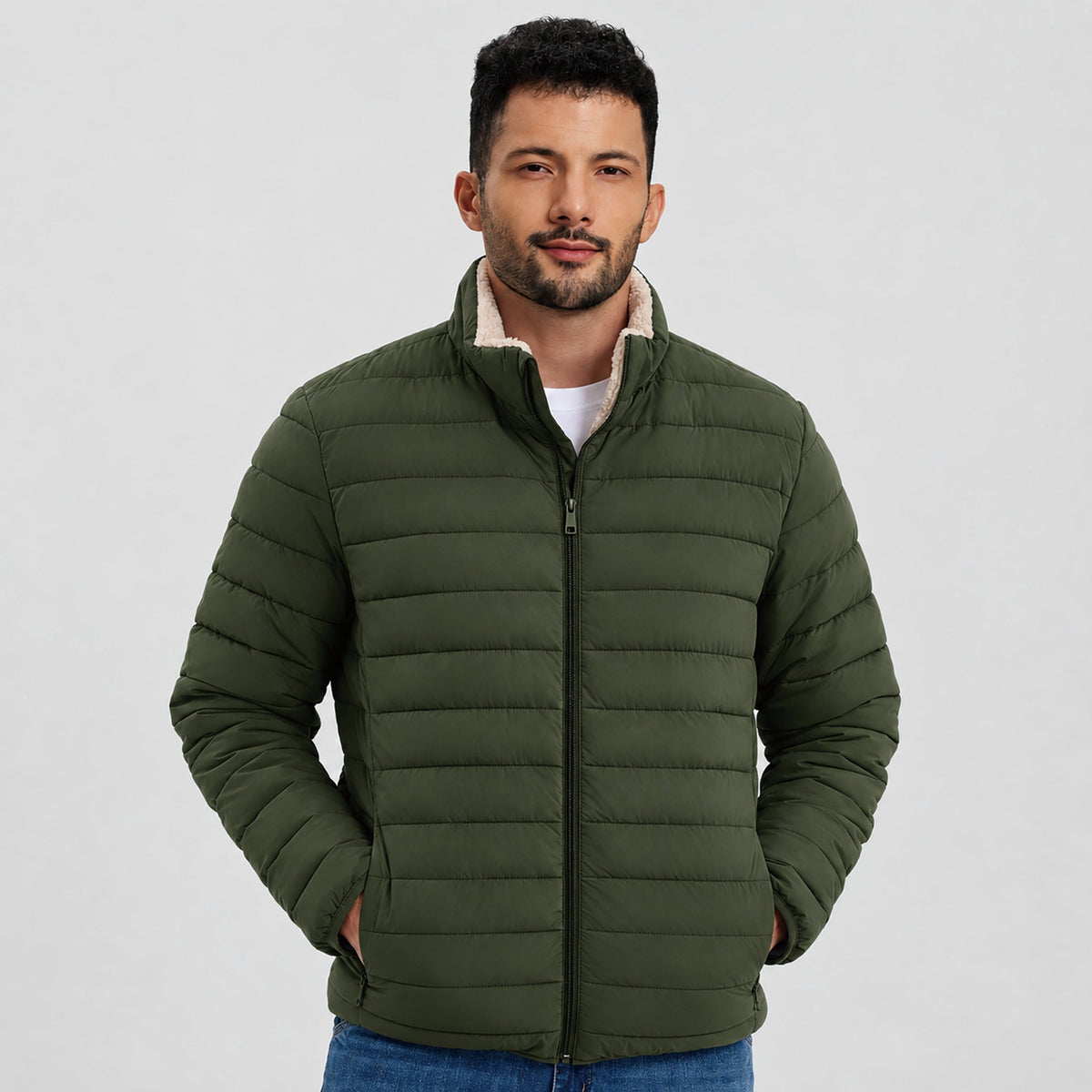 Men's Sherpa Lined Lightweight Warm Quilted Jacket – Army Green