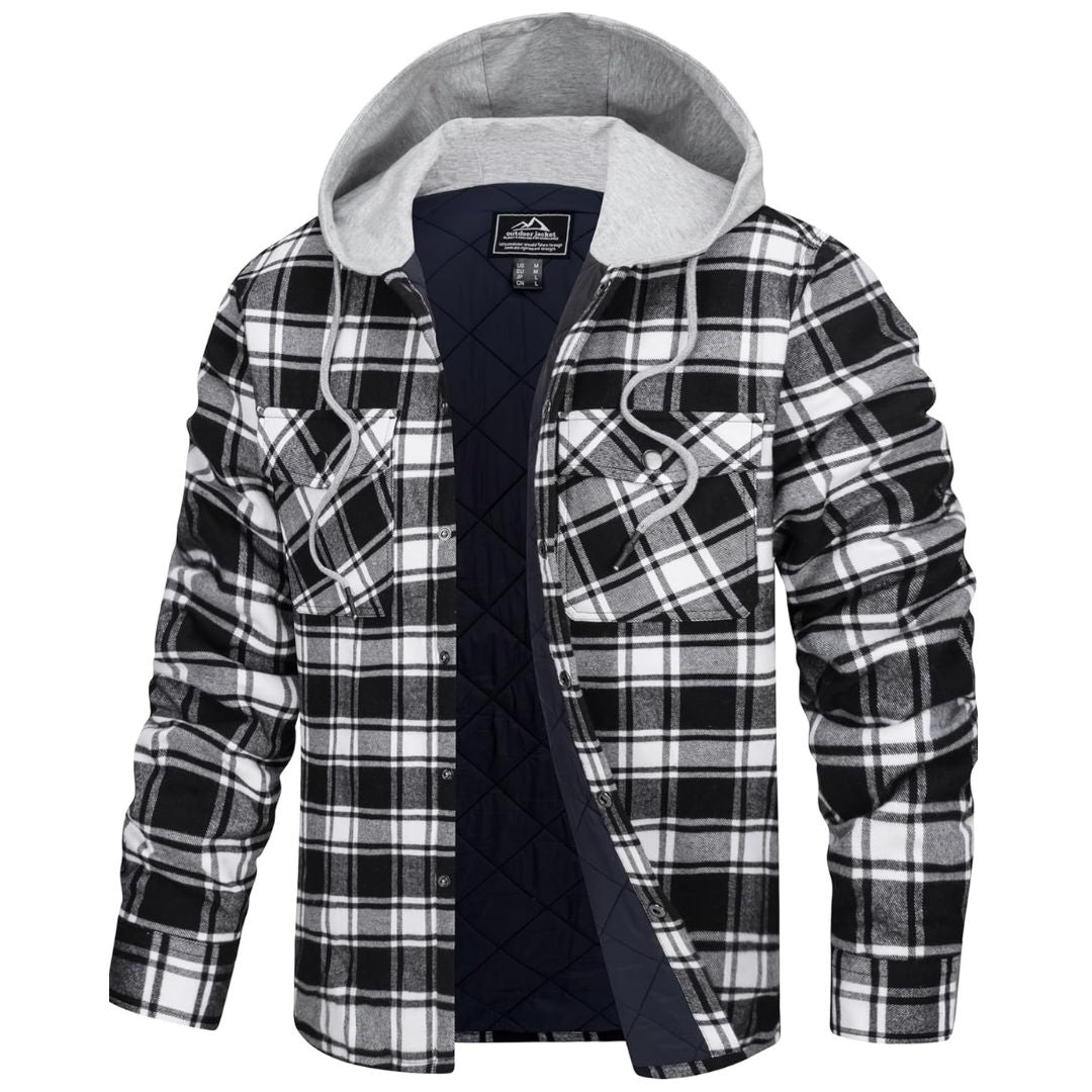 Men's Cotton Hooded Heavyweight Warm Flannel Shirt – Black White