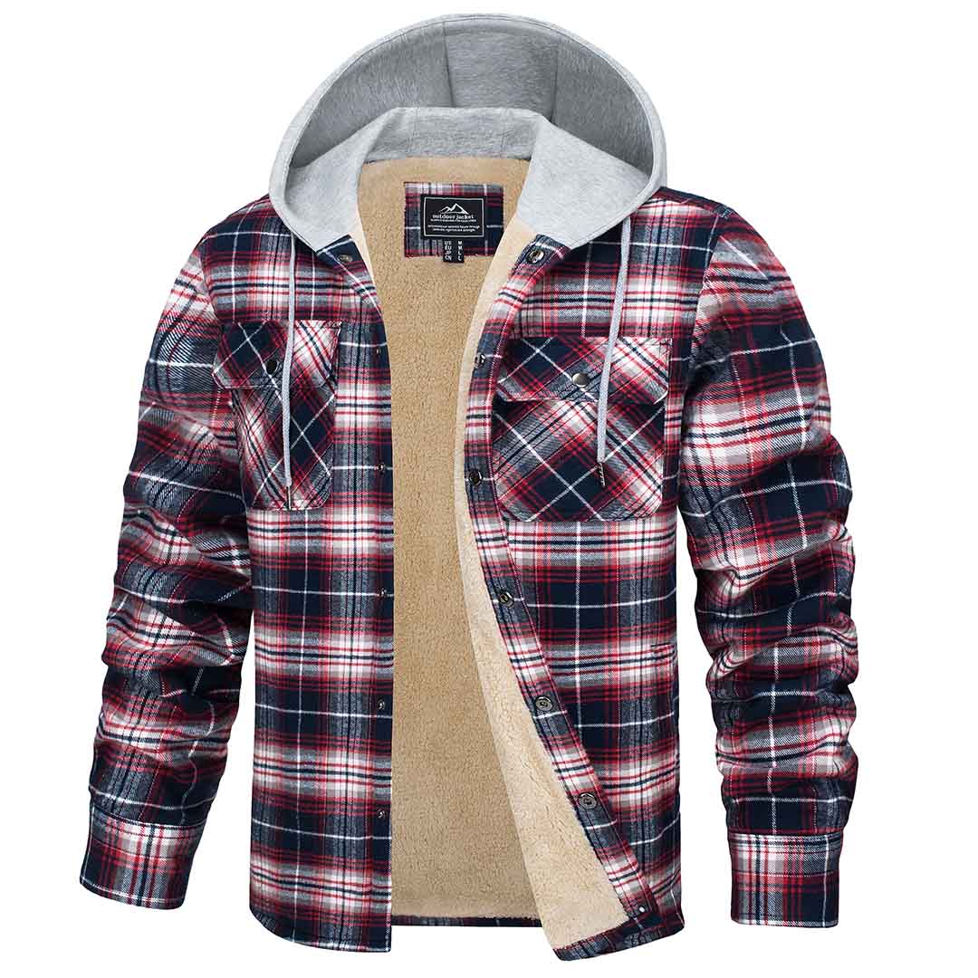 Men's Plaid Flannel Shirt with Hood and Pockets