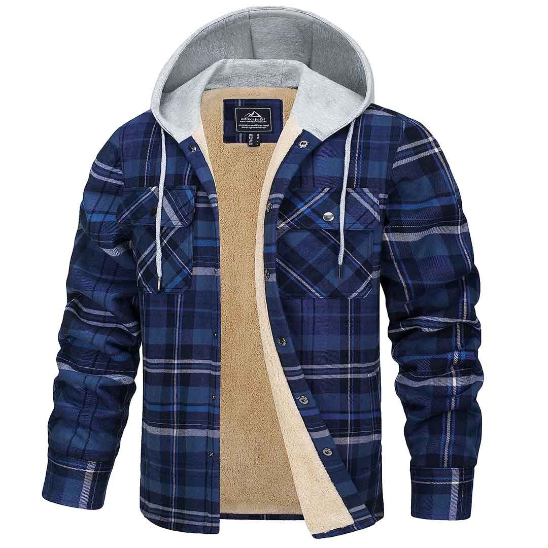 Men's Fleece Hooded Plaid Pocketed Flannel Shirt – Blue Gray