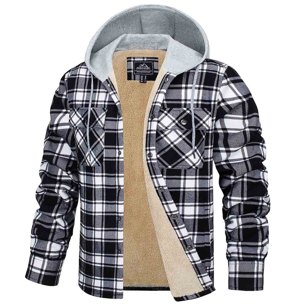 Men's Fleece Hooded Plaid Pocketed Flannel Shirt – Black White