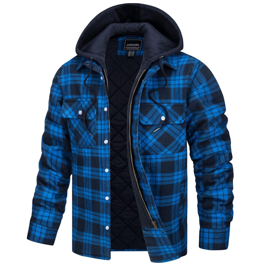 Men's Quilted Hooded Zip-Up Lined Flannel Shirt – Blue