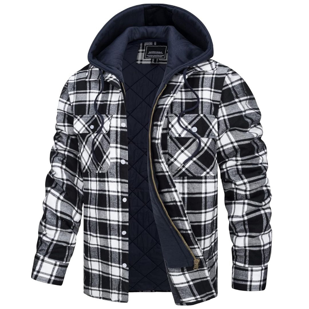 Men's Quilted Hooded Zip-Up Lined Flannel Shirt – Black White