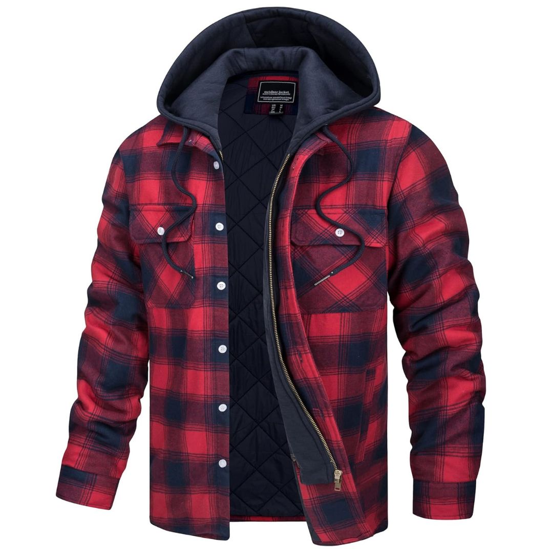 Men's Quilted Hooded Zip-Up Lined Flannel Shirt – Red