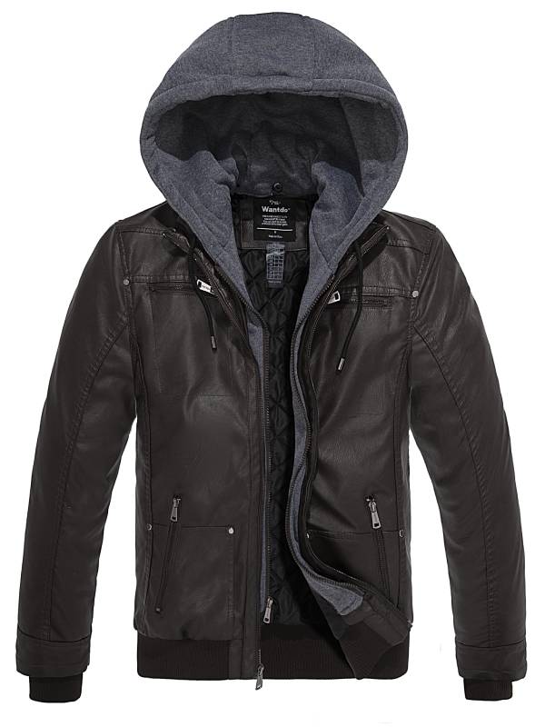 Men's Faux Leather Hooded Jacket – Dark Coffee