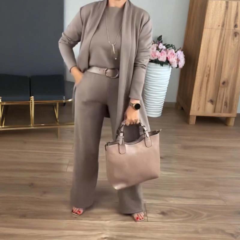 Women's Three-Piece Set | Longline Cardigan Straight Trousers