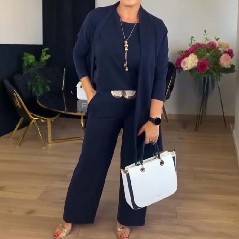 Women's Three-Piece Set | Longline Cardigan Straight Trousers